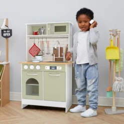Teamson Kids Little Chef Boston Modern Wooden Kitchen Playset, White/Green