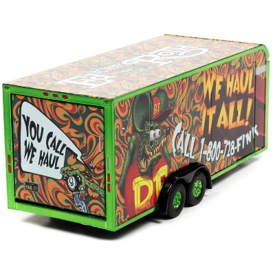 4-Wheel Enclosed Car Trailer Green With Graphics "Rat Fink: We Haul It All!" 1/64 Diecast Model By Auto World 4 4-Wheel Enclosed Car Trailer Green With Graphics "Rat Fink: We Haul It All!" 1/64 Diecast Model By Auto World - Image 2