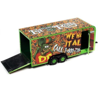 4-Wheel Enclosed Car Trailer Green With Graphics "Rat Fink: We Haul It All!" 1/64 Diecast Model By Auto World 3 4-Wheel Enclosed Car Trailer Green With Graphics "Rat Fink: We Haul It All!" 1/64 Diecast Model By Auto World