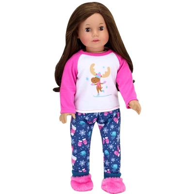 Sophia’s Moose Print Winter Pajamas & Fuzzy Slipper Set For 18” Dolls, Blue/Pink 3 Sophia’s Moose Print Winter Pajamas & Fuzzy Slipper Set For 18” Dolls, Blue/Pink