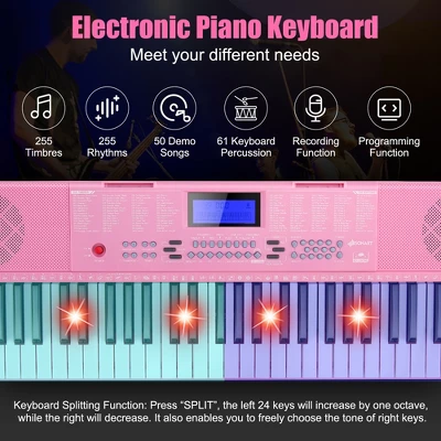 Costway 61-Key Electric Piano Portable Digital Keyboard W/Lighted Key Music Stand Pink 6 Costway 61-Key Electric Piano Portable Digital Keyboard W/Lighted Key Music Stand Pink - Image 4